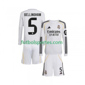 Camiseta Real Madrid Jude Bellingham 5 Niño Primera Equipación 2025/2026 Manga Larga